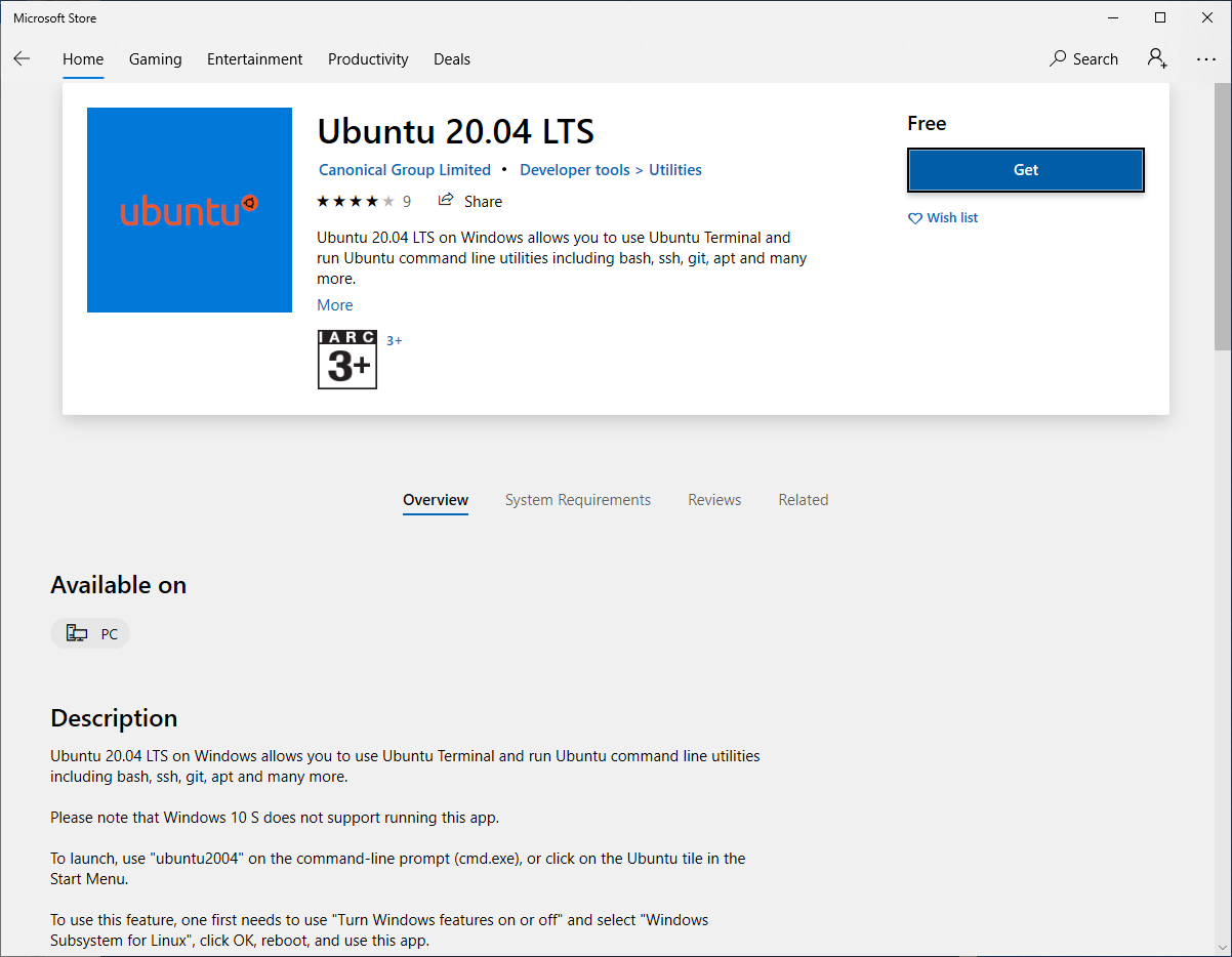 Microsoft store から Ubuntu 20.04 をインストール